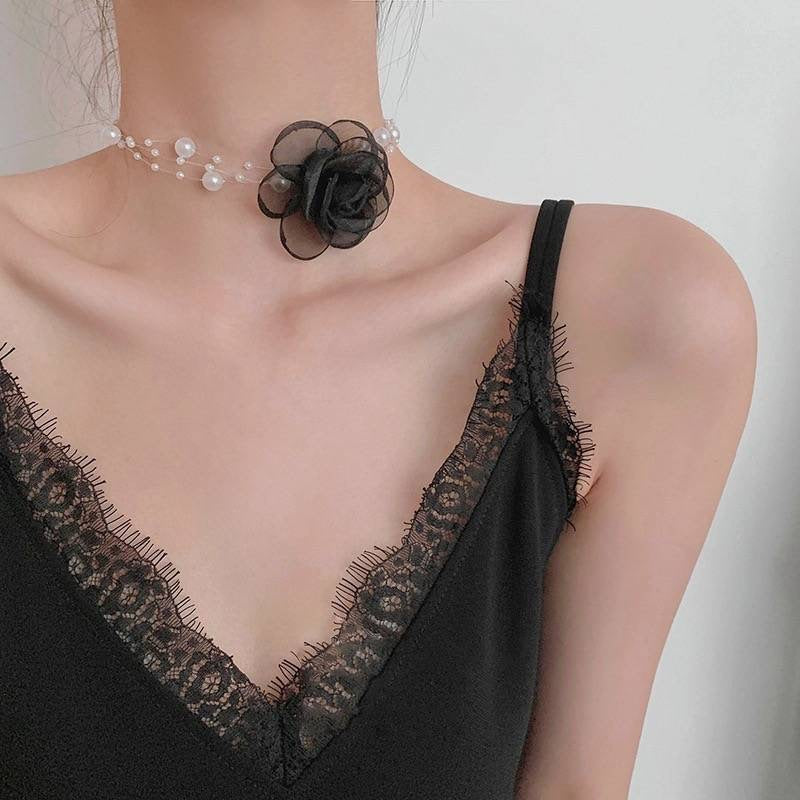 Wholesale Handmade Fabric Flower Choker Necklace With Wax Rope Trendy Jewelry Accessory For Women Gift
