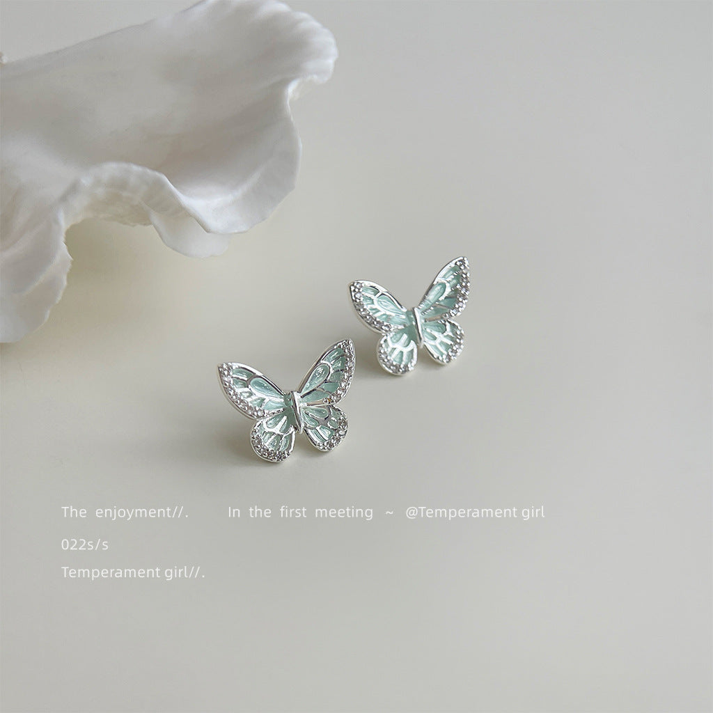 Wholesale Micro-inlaid Zircon  Green Oil Dropping Silver Needle Butterfly Earrings