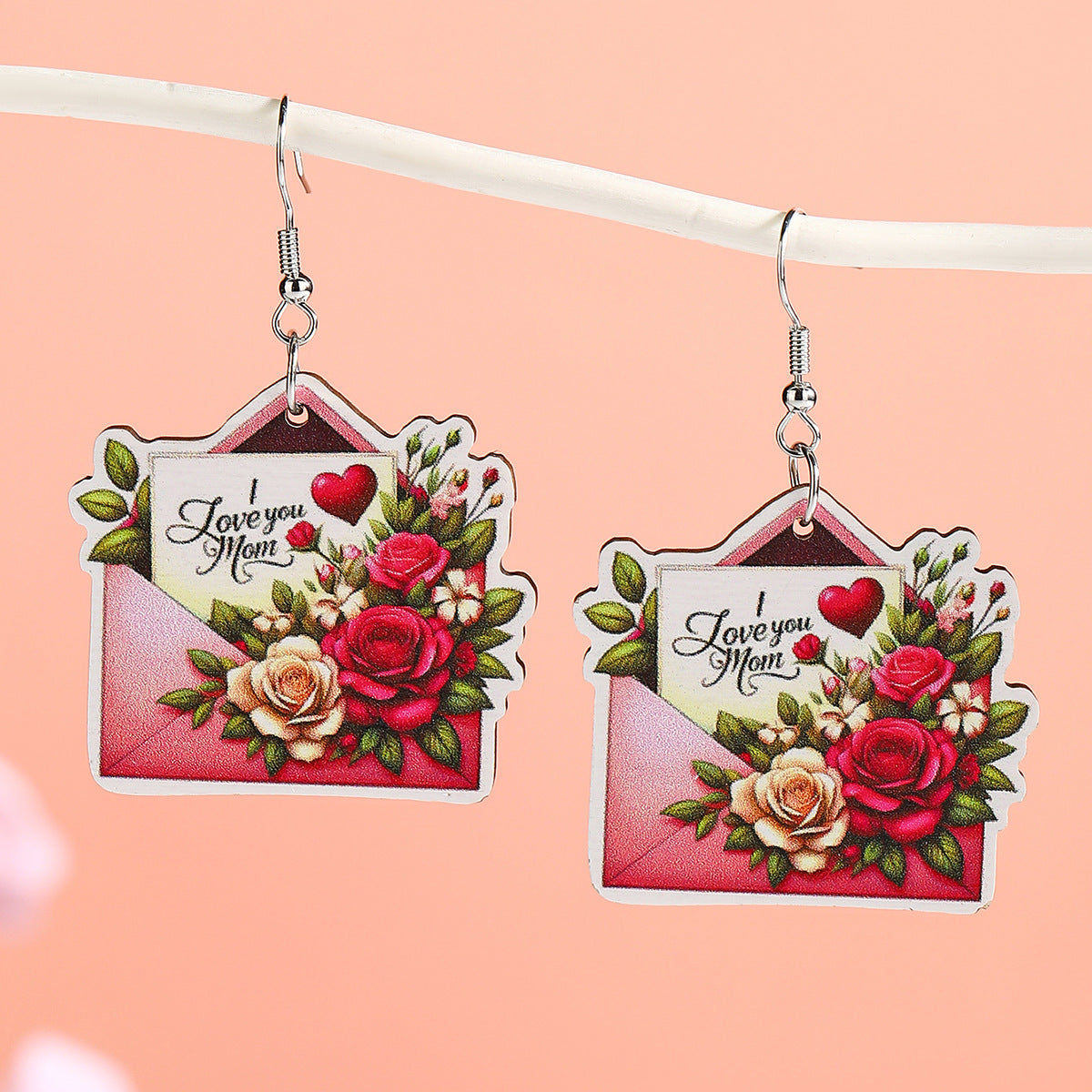 Wholesale  Mother's Day Wooden Earrings Cartoon Envelope Flower Love Earrings