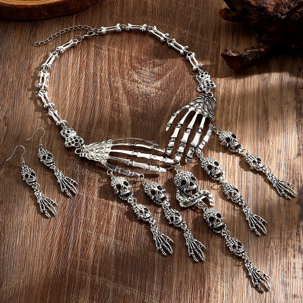 Wholesale Punk Retro Skeleton Hand Skull Necklace Earrings Set  Jewelry Party Accessory Gift