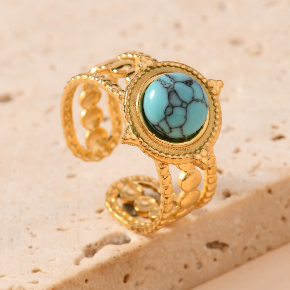 Wholesale Vintage Bohemian Open Stainless Steel Ring with Turquoise Inlay Jewelry Accessory