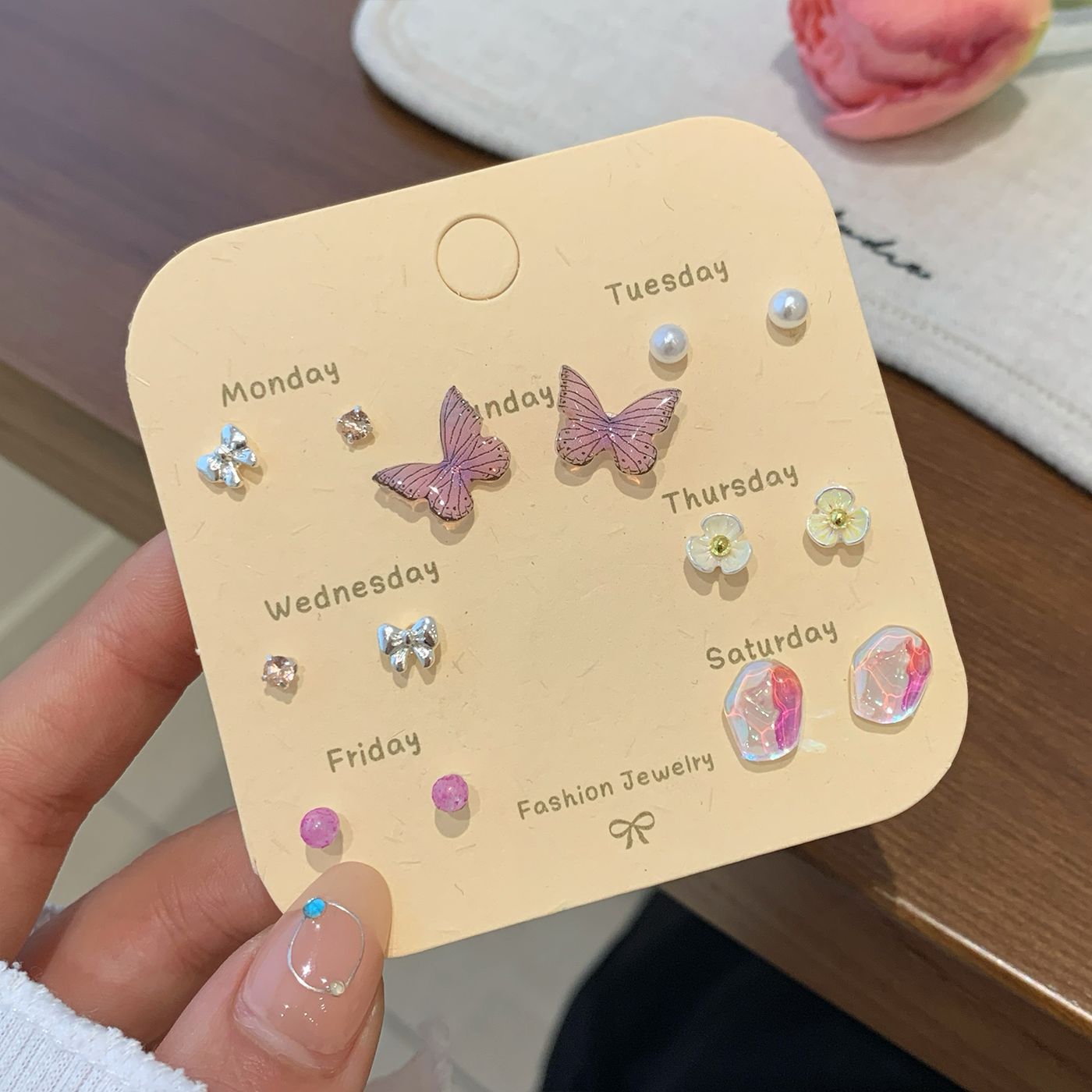 Wholesale Autumn Colorful Butterfly Flower Pearl Earring Set Silver Needle Small Sweet Earrings