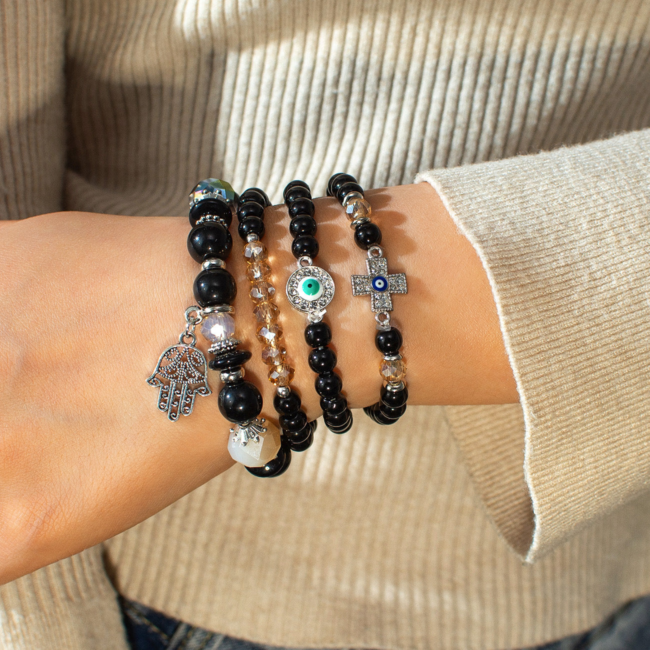 Wholesale alloy rhinestone cross evil eye palm pendant crystal beaded multi-layer bracelet