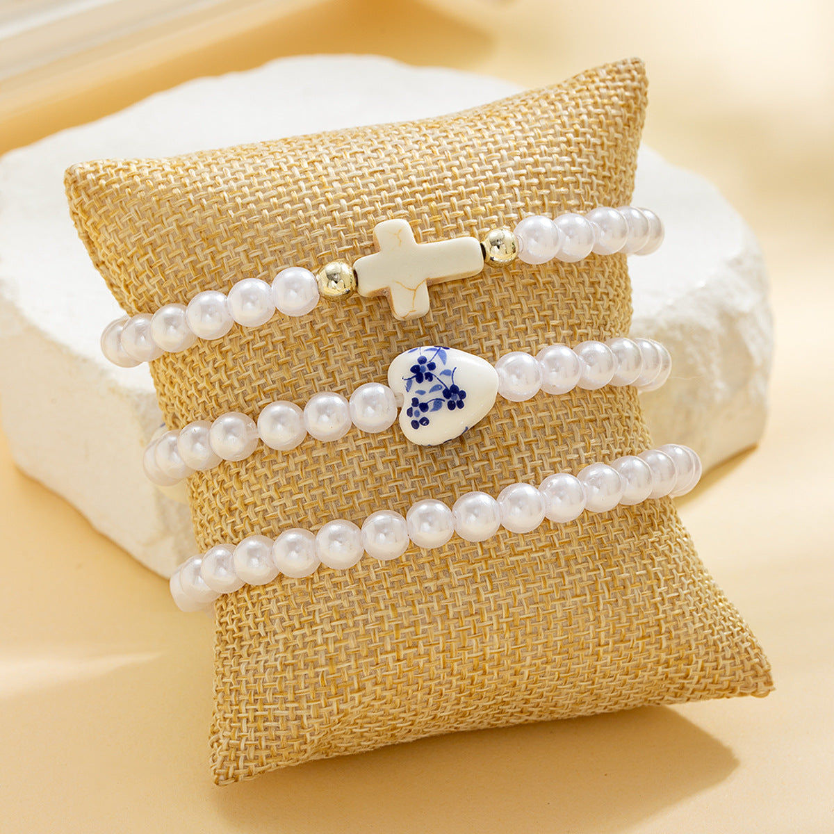 Wholesale Turquoise Cross Ceramic Heart-Shaped Pearl Beaded Stretch Bracelet