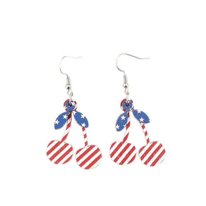 Wholesale American Independence Day Cherry-shaped Five-pointed Star Vintage Wooden Earrings