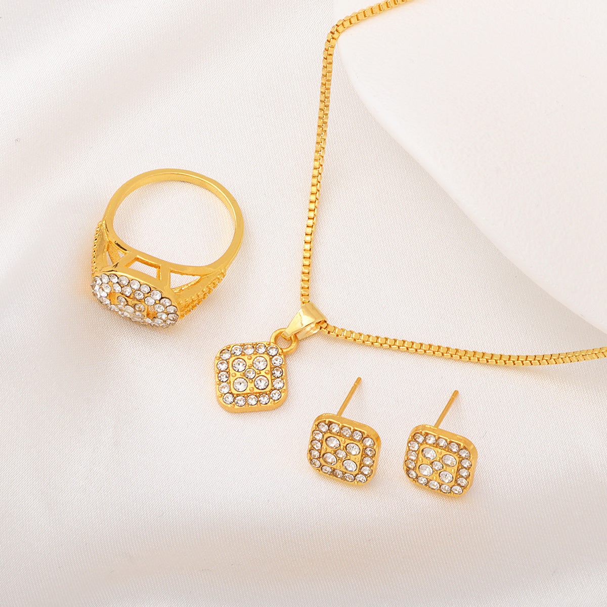 Wholesale diamond-studded geometric square necklace, ring, and earrings 3-piece set