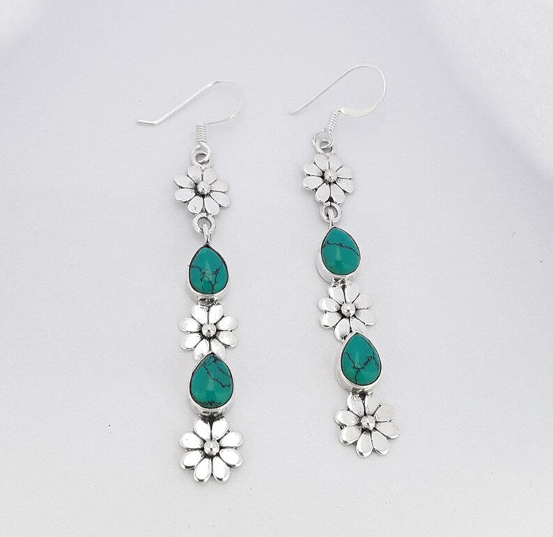 Wholesale  drop-shaped long earrings turquoise flower earrings