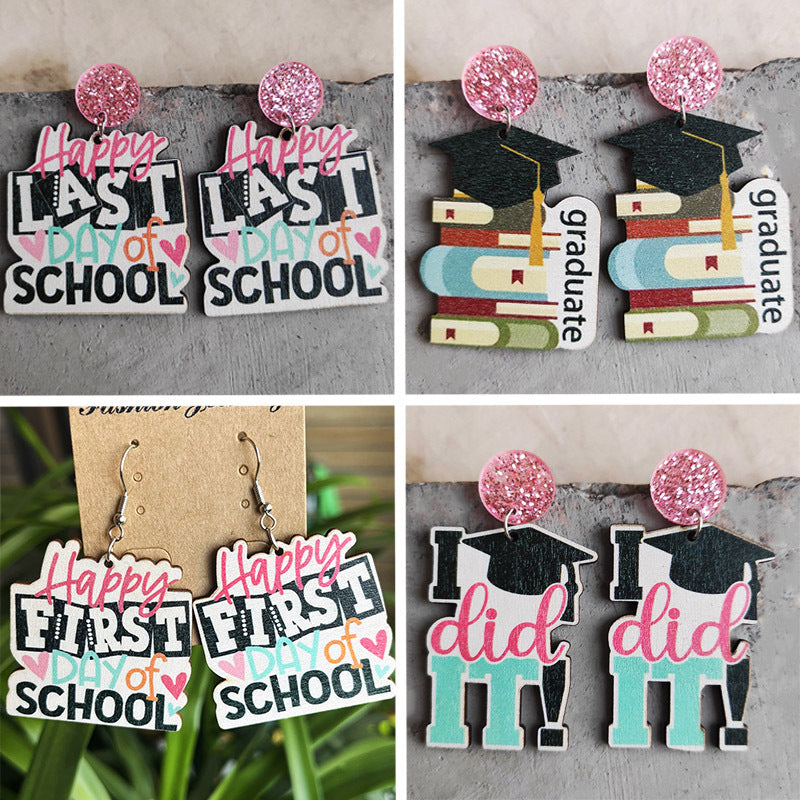 Wholesale Graduation Book and Cap Wooden Earrings Cute Student Gift Jewelry Accessory