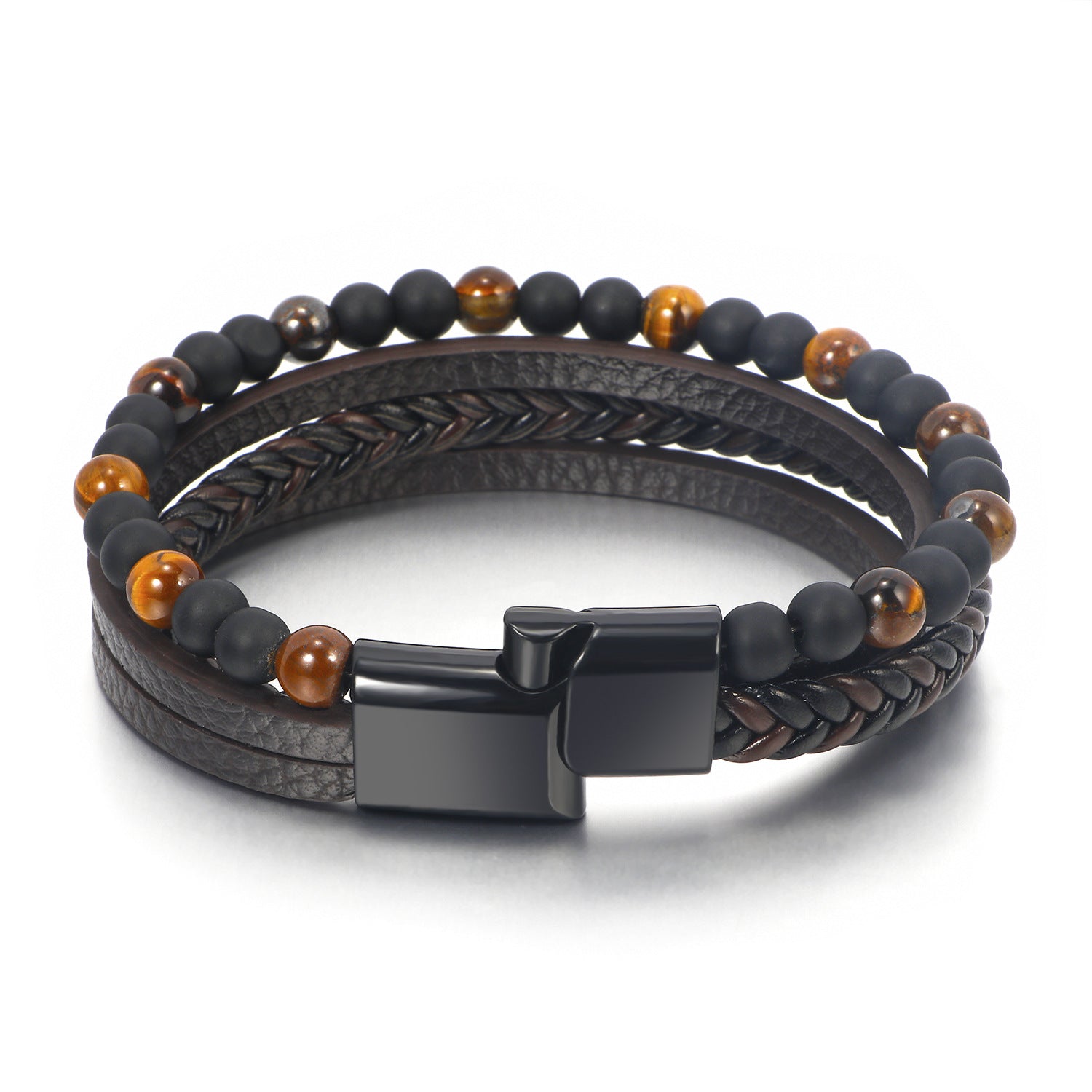 Wholesale Natural Tiger Eye Stone Beaded Men's Bracelet Hand Woven Multi-Layered Leather Bracelet ACC-BT-ZiGe030