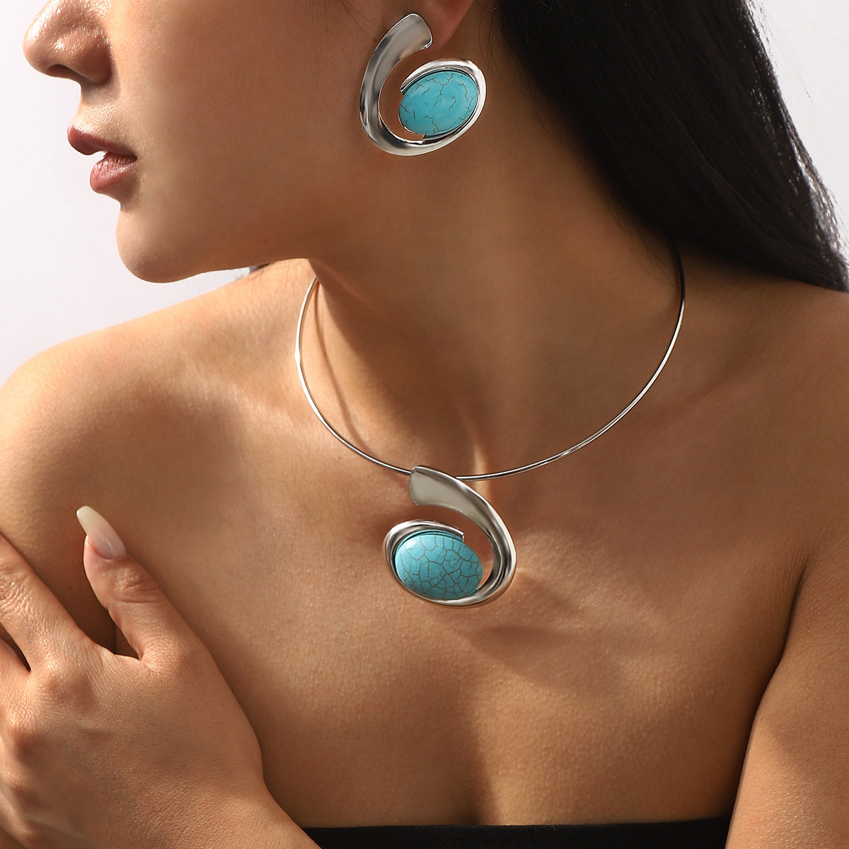 Wholesale Bohemian Exaggerated Trend Turquoise Pendant Personality Design Sense Geometric Jewelry suit