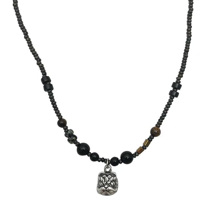 Wholesale Lion Awakening Titanium Steel Pendant Necklace Obsidian Clavicle Chain ACC-NE-Ziyou012