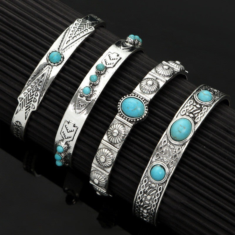 Wholesale Bohemian Vintage Open Adjustable Bracelet Set 4Pcs Alloy Turquoise Jewelry Gift Fashion Accessory