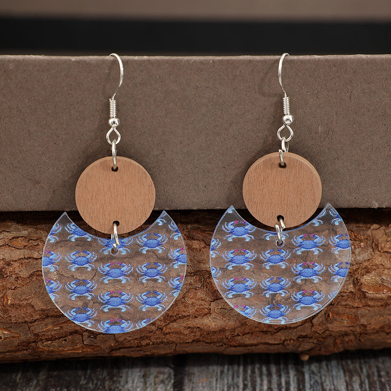 Wholesale small disc stitching crescent print crab acrylic earrings
