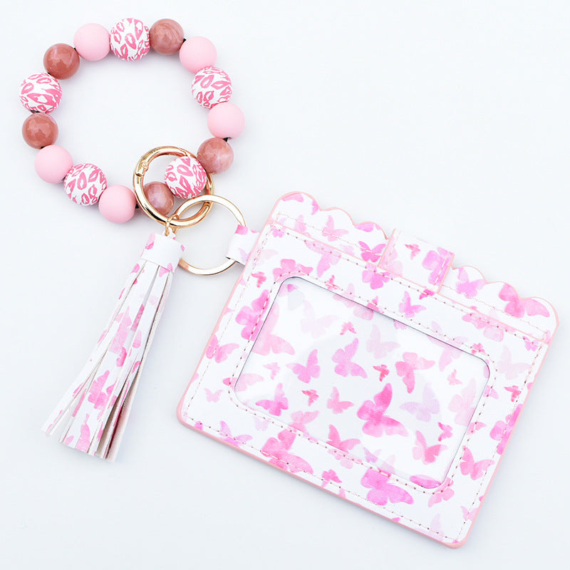 Wholesale Leopard Plaid Western Style Card Holder Silicone Beaded Wristlet Keychain ACC-KC-QiuXue011