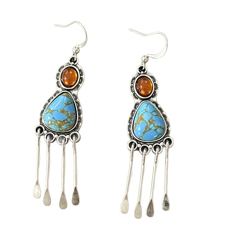 Wholesale Vintage Turquoise Tassel Earrings Retro Western Style Alloy Jewelry Accessory For Party Gift