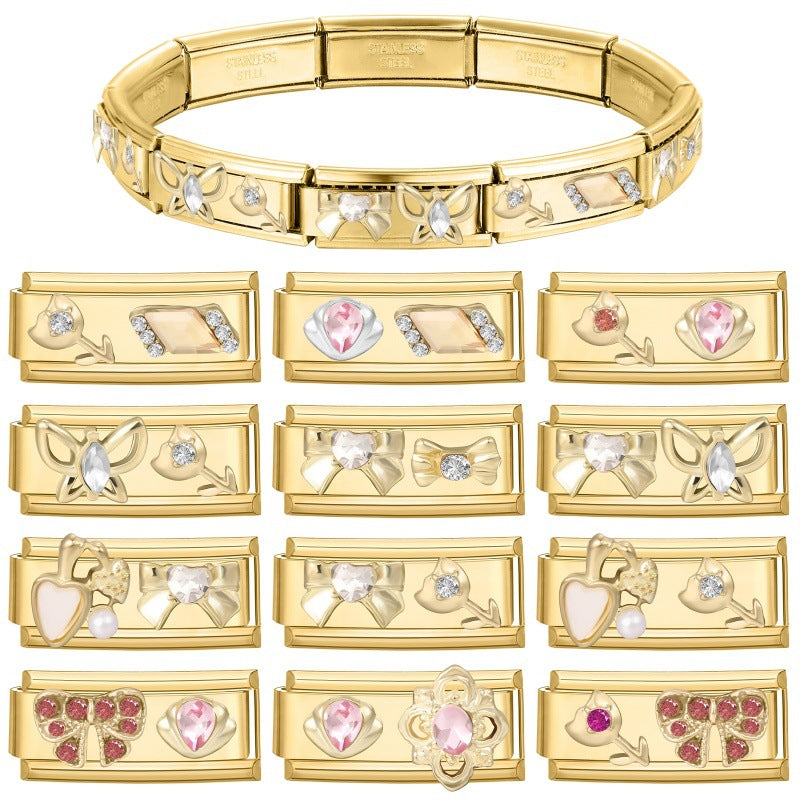 Wholesale Stainless Steel DIY Modular Bracelet Set Gold Rhinestone Butterfly Pearl Jewelry Accessory