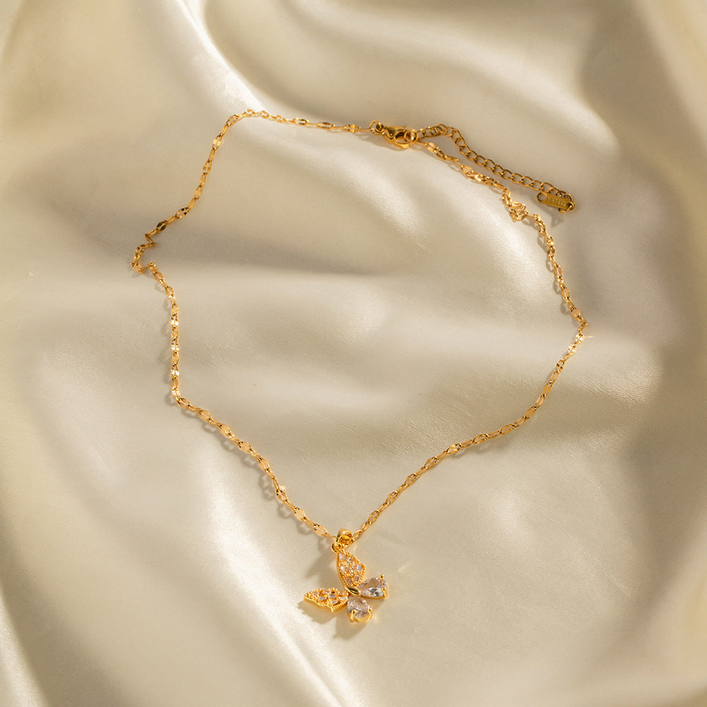Wholesale  18K gold stainless steel inlaid white zircon butterfly pendant necklace
