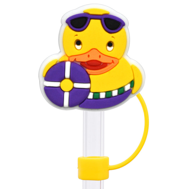 Wholesale Random 100pcs Cartoon yellow duck   10mm PVC Soft Straw Tube Cap