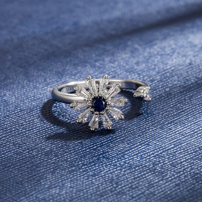 Wholesale  rotating ring zircon flower plated copper ring opening adjustable ring