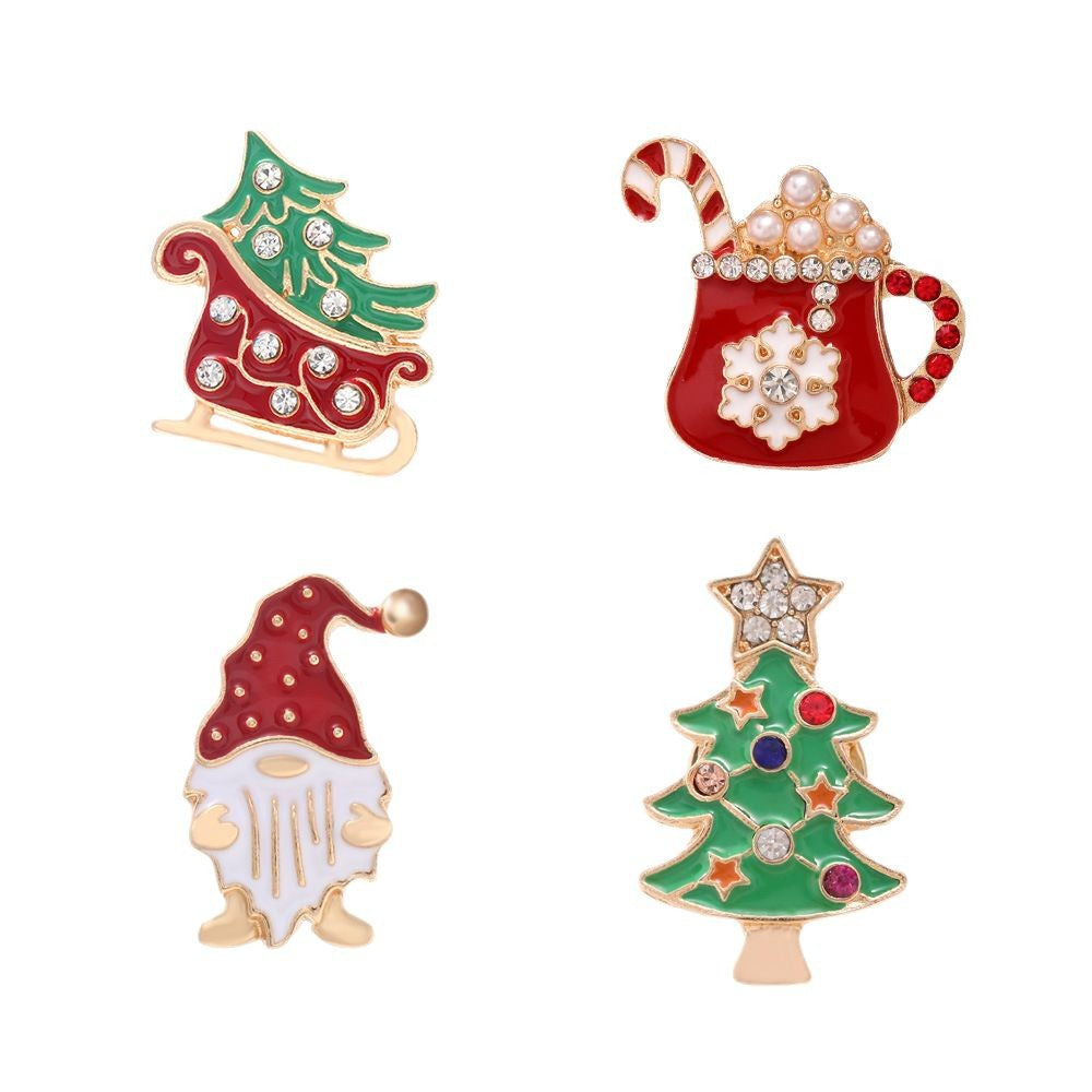 Wholesale  drop oil brooch personality Christmas tree Christmas pearl diamond alloy brooch 4 piece set