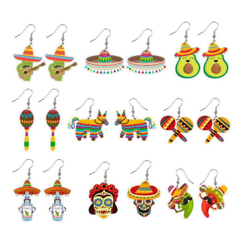 Wholesale Mexican May Day Carnival Chili Rainbow Horse Wine Hat Skull Avocado Acrylic Earrings ACC-ES-XP009