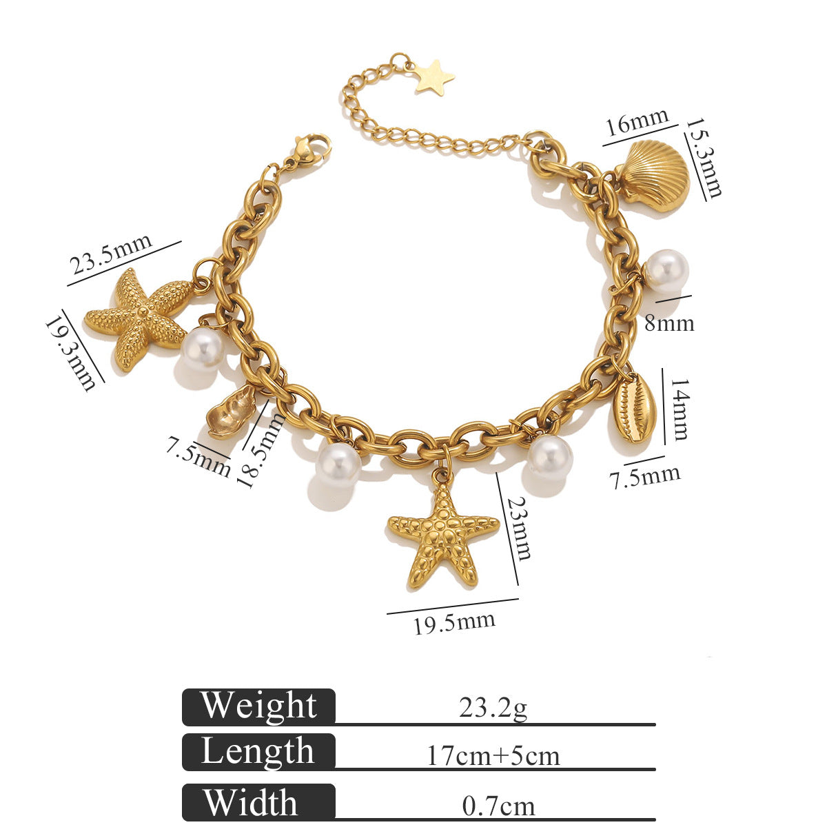 Wholesale Stainless Steel Vintage Ocean Themed Charm Bracelet with Starfish and Pearl - Fashion Accessory