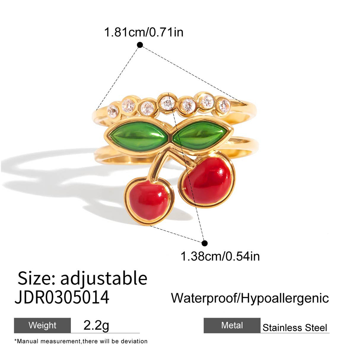 Wholesale 18K gold stainless steel double-layer hollow oil drop cherry adjustable open ring