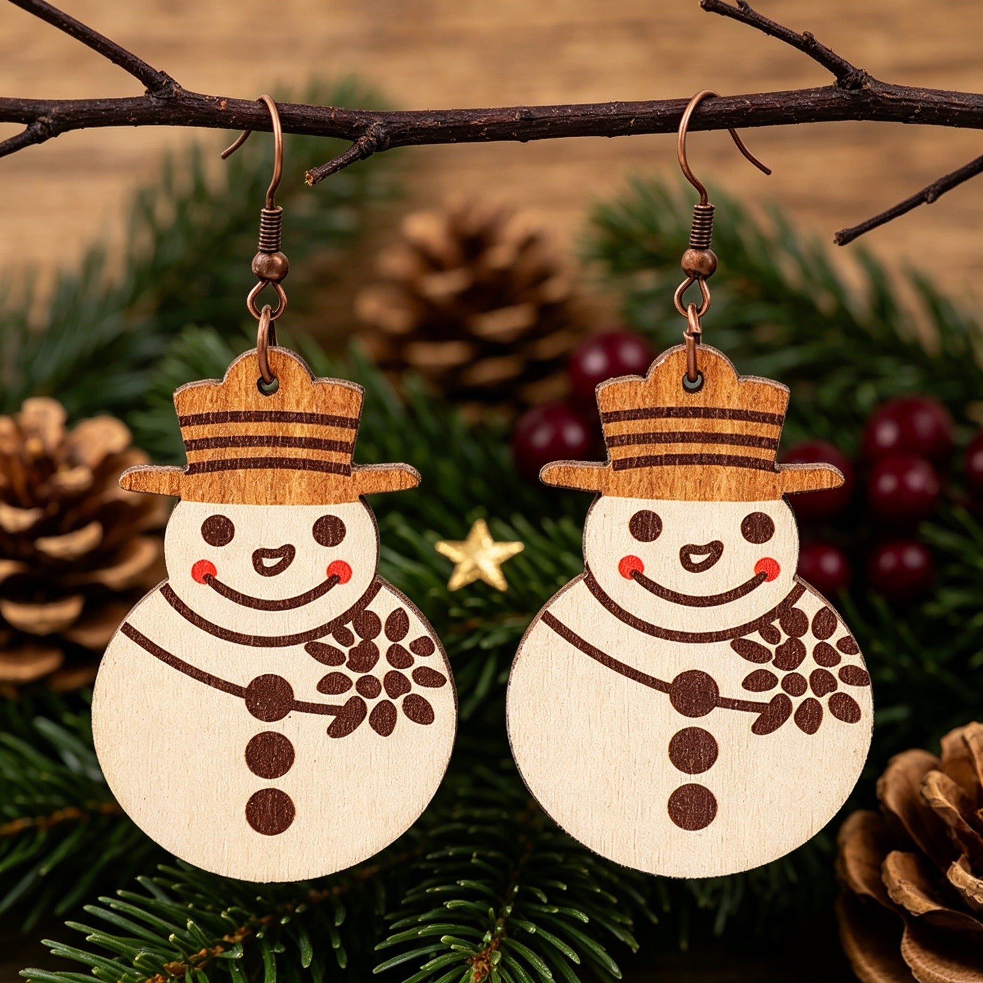 Wholesale Christmas Cartoon Snowman Wooden Earrings Smiling Snowman With Hat And f Holiday Party Jewelry Gift