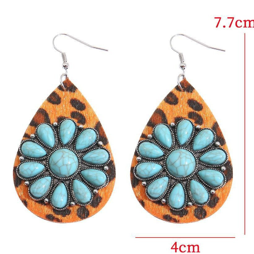 Wholesale In Stock Retro Western Style Teardrop Leather Earrings with Leopard Print and Turquoise Accents