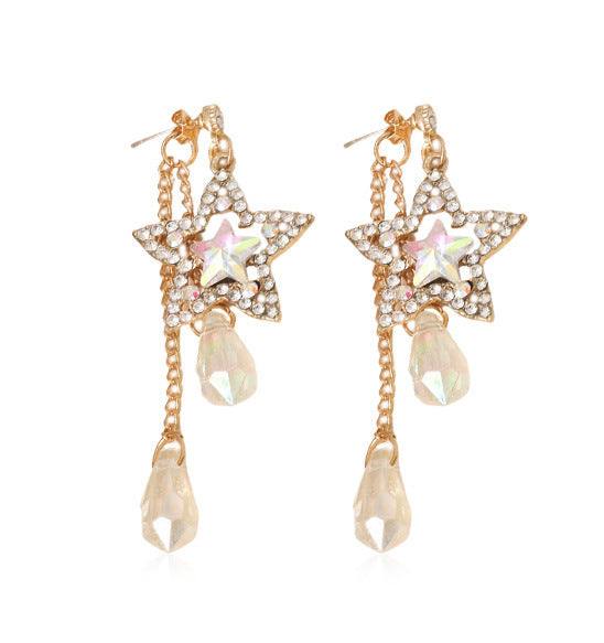 Wholesale  hollow five-pointed star point drill long tassel flash drill earrings