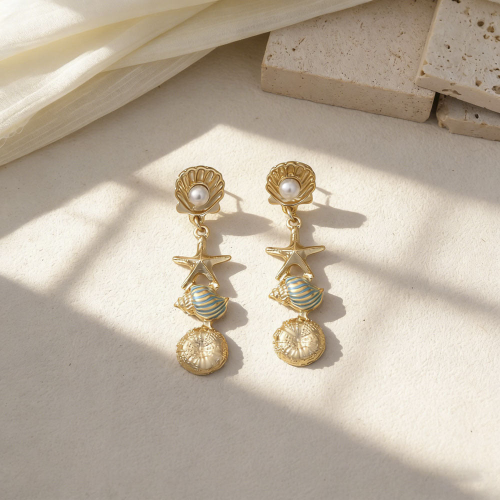 Wholesale Ocean-Inspired Textured Gold Conch and Starfish Stud Earrings