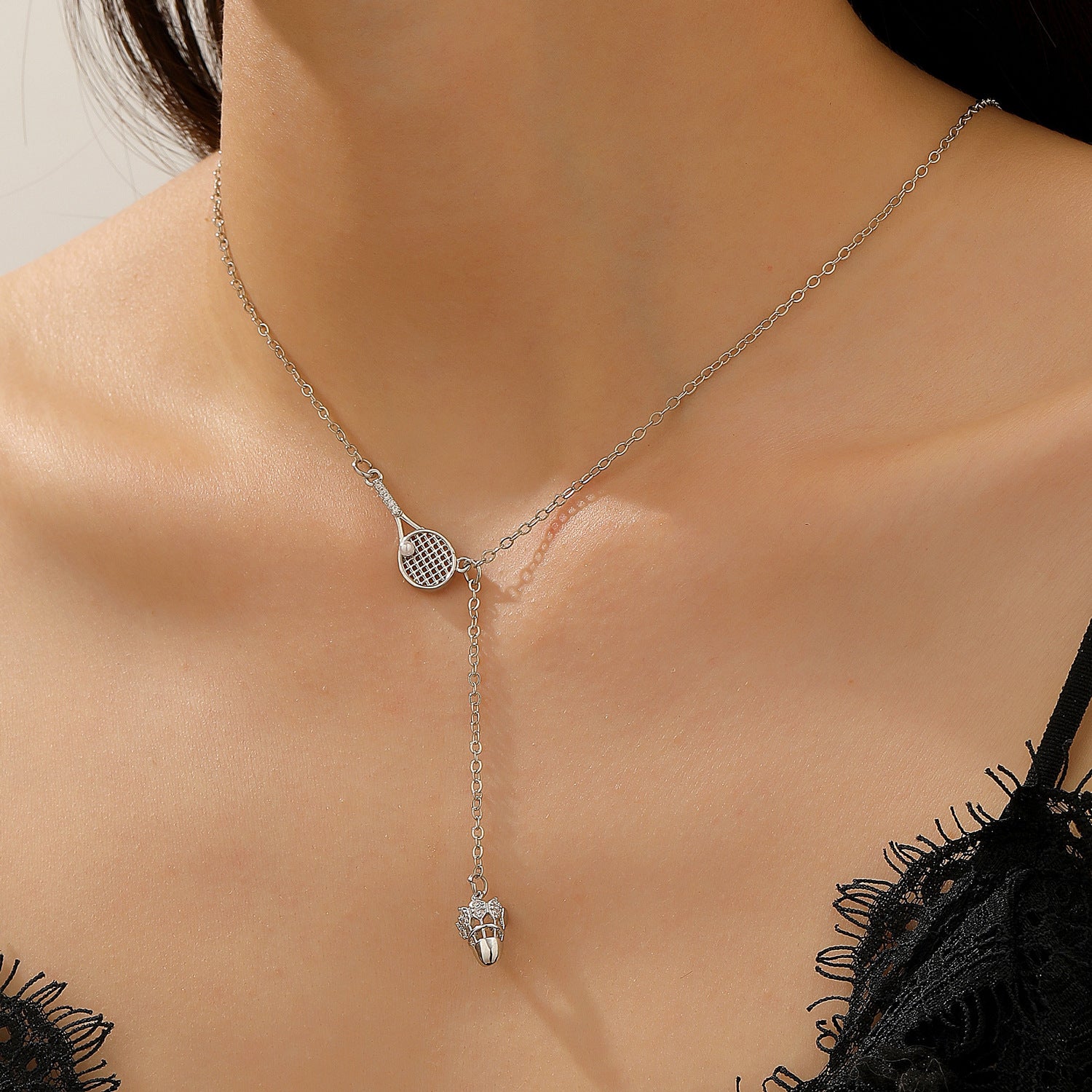Wholesale Alloy Electroplated Tennis Racket Necklace Micro Zircon Punk Retro Unisex Jewelry Accessory