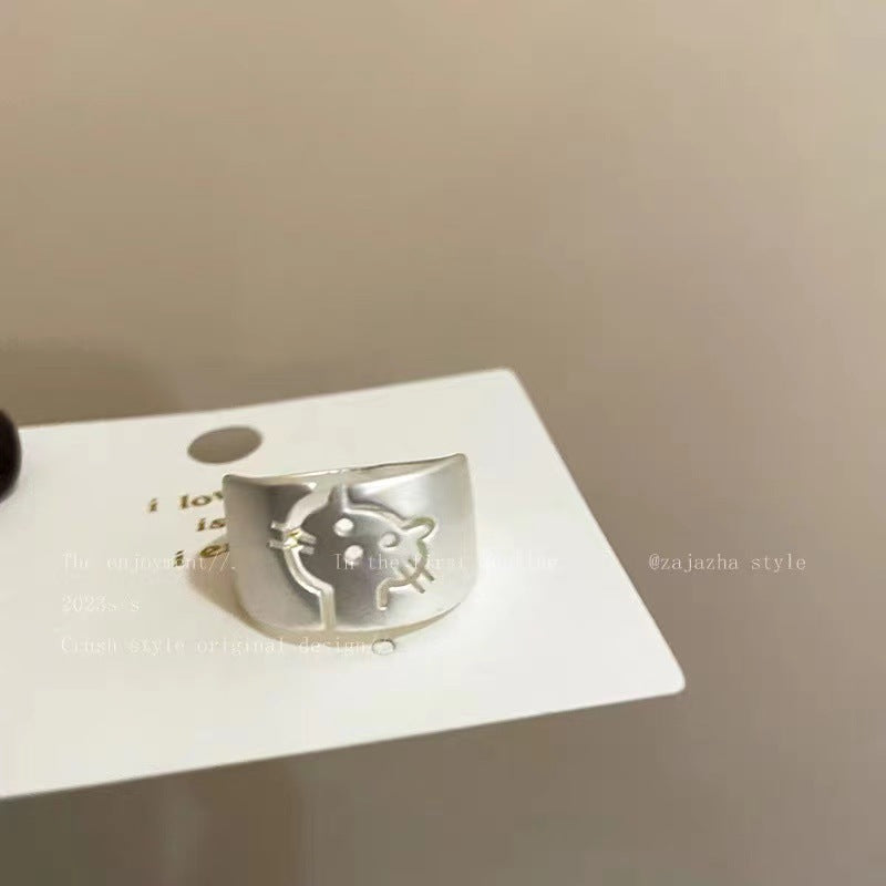 Wholesale Cartoon Cute Silver Matte Cat Ring