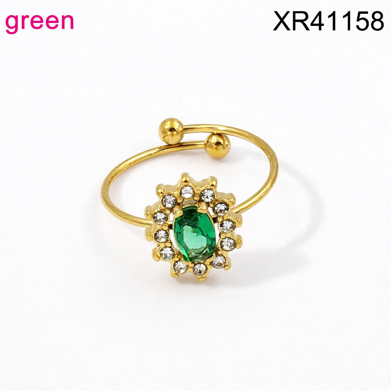 Wholesale Adjustable Flower Design Stainless Steel Open Ring with Colored Gemstones Fashion Jewelry Accessory
