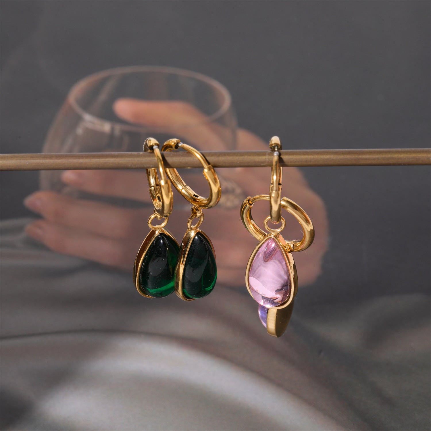 Wholesale Stainless Steel 18K Gold Plated Water Drop Twelve Birthstone Earrings