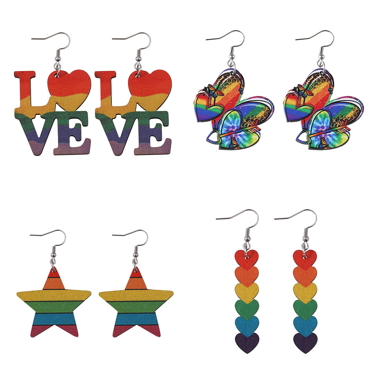 Wholesale Summer Rainbow Heart Star Earrings Wood Earrings ACC-ES-ChuLian024