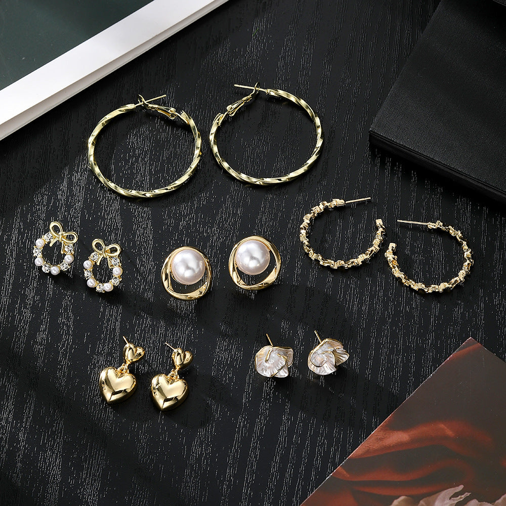 Wholesale Mixed Material Plated Hoop Earrings Geometric Oval Circle Pearl Design 6 Pair Set Women S Chic Fashion Accessory