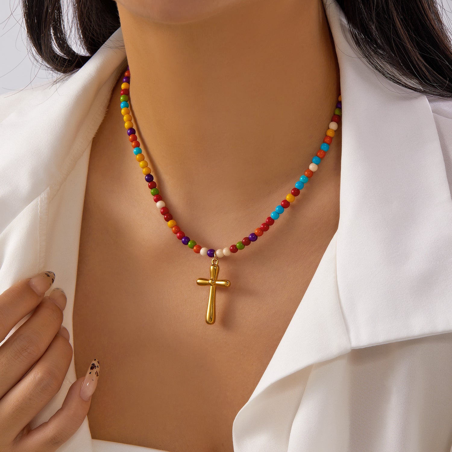 Wholesale  cross  natural stone beads stainless steel pendant necklace