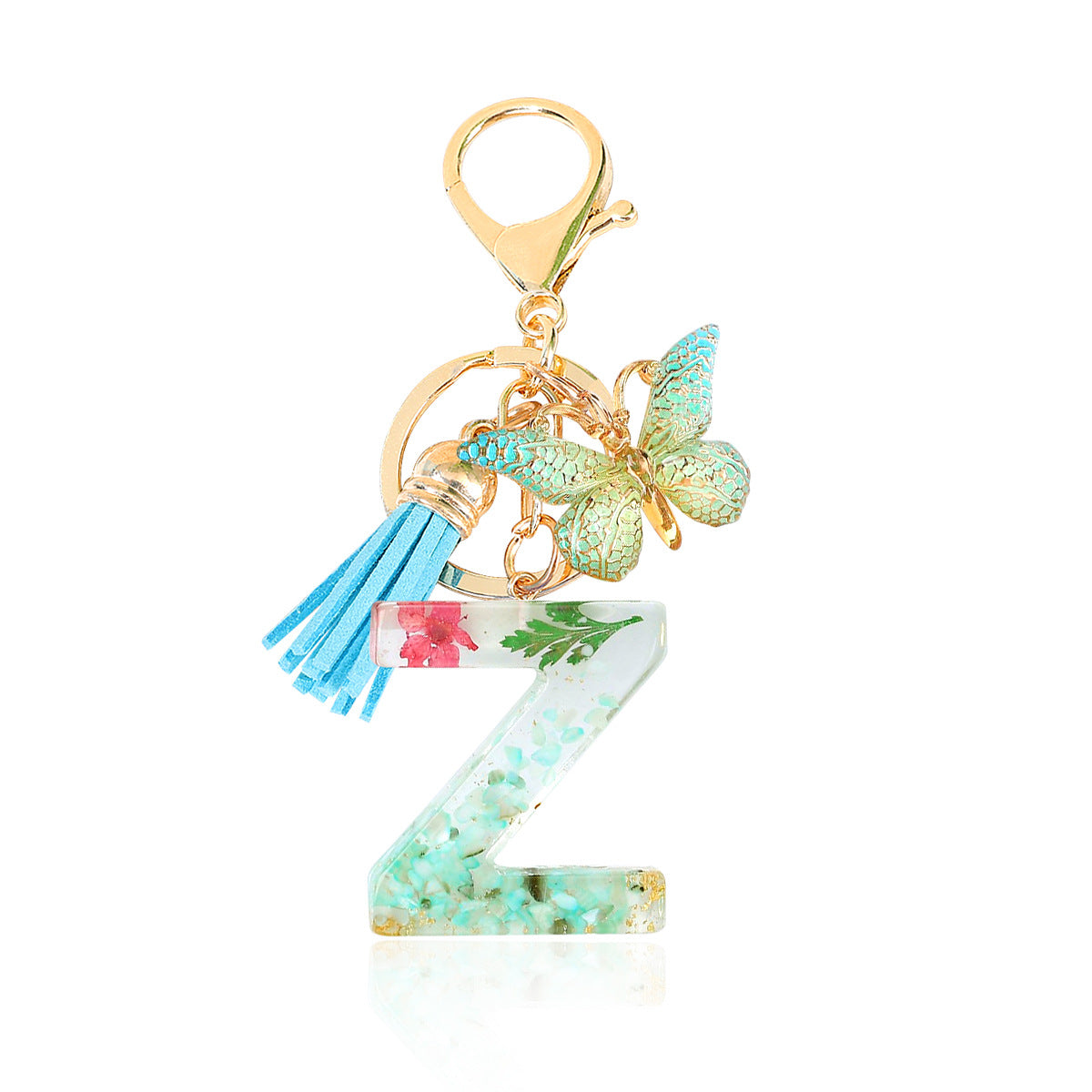 Wholesale Epoxy Green English Letter Dried Flower Crystal Keychain