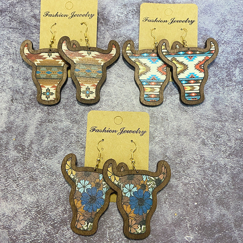 Wholesale Western Cowboy Earrings Aztec Pattern Flower Inlaid Fungus Pendant Earrings