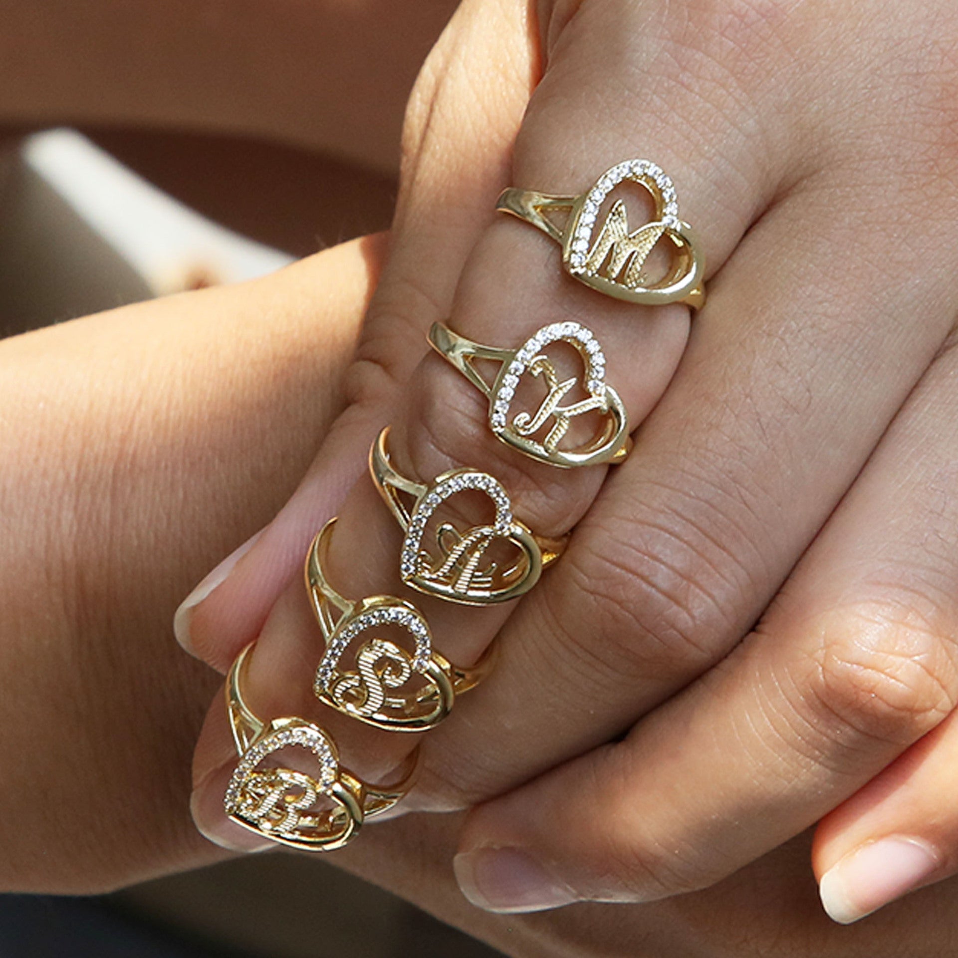 Wholesale  white gold heart-shaped love texture hollow 26 grass English letters open heart ring