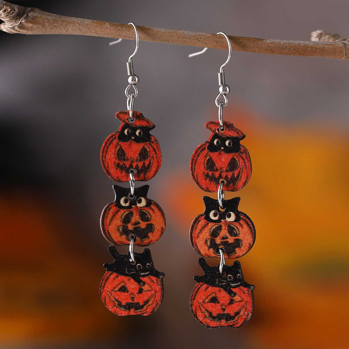Wholesale Halloween Gothic Black Cat Ghost Face Pumpkin Splicing Triple Wood Earrings ACC-ES-ChuLian061