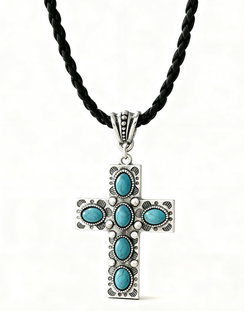 Wholesale Rhinestone Cross Pendant Necklace with Leather Rope,  Boho Style Fashion Accessory for Women