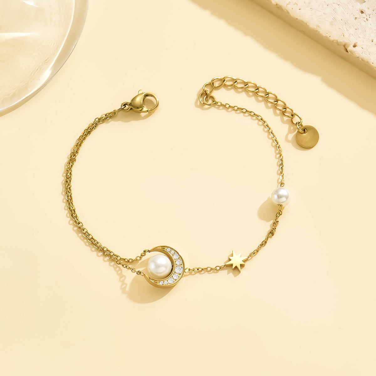 Wholesale 2PCS Titanium steel diamond-encrusted moon bracelet