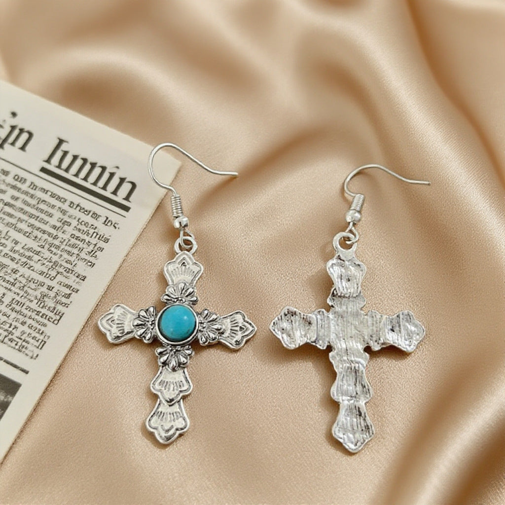 Wholesale Retro Cross Turquoise Rune Earrings Fashion Jewelry Accessory Gift