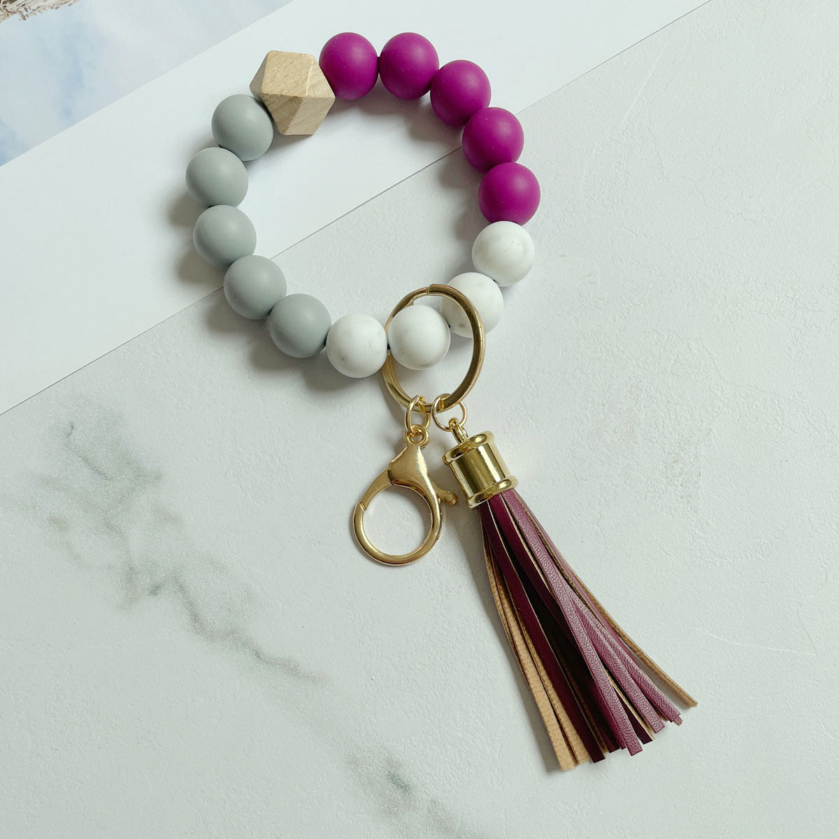 Wholesale Silicone Beads Bracelet Wooden Beads Leopard Print Cow Print Wristlet Keychain ACC-KC-Jinz001