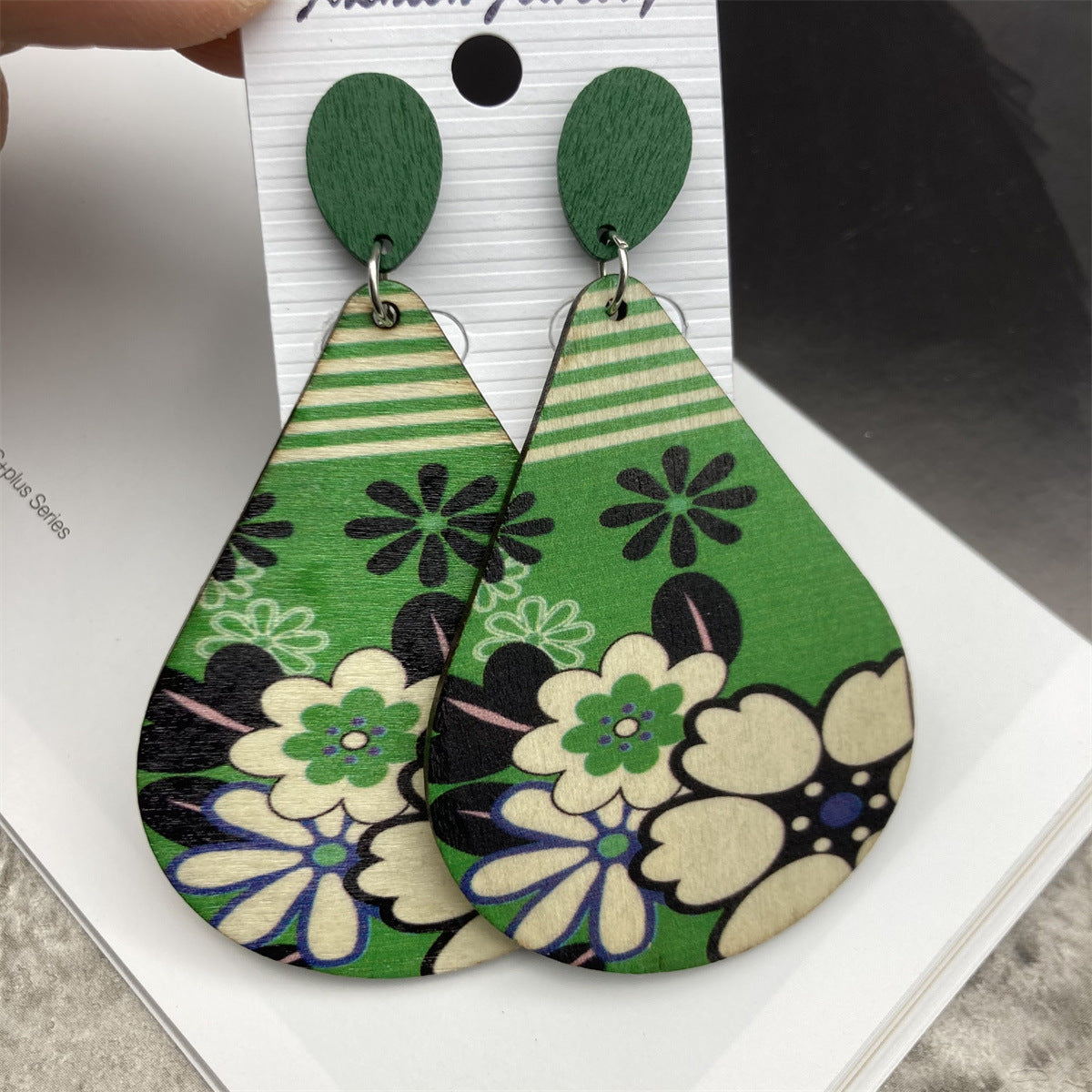 Wholesale Retro Bohemian Water Drop Wooden Print Earrings ACC-ES-FX011