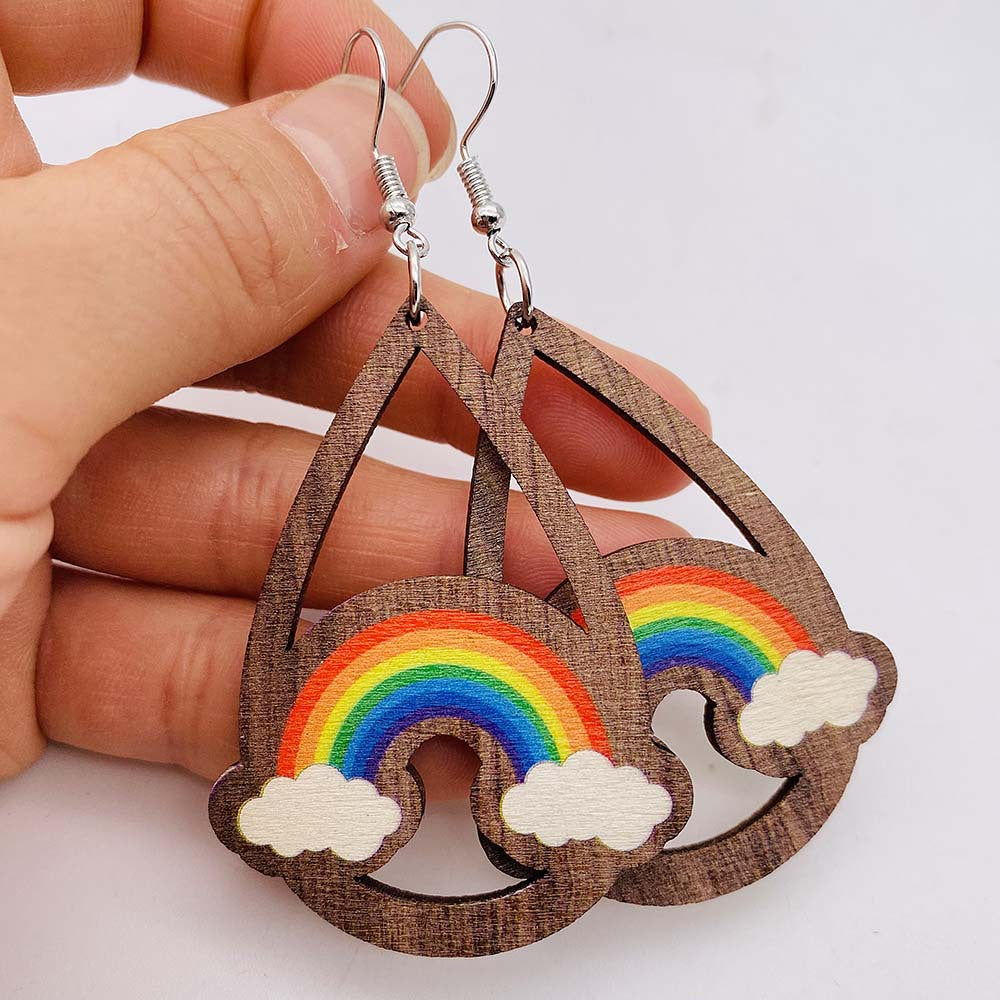 Wholesale Wooden Earrings Rainbow Love Valentine's Day Geometric Earrings