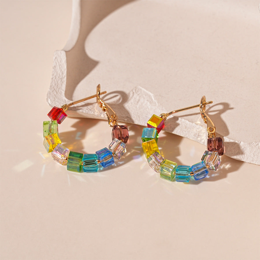 Wholesale colored glass geometric circle silver needle earrings