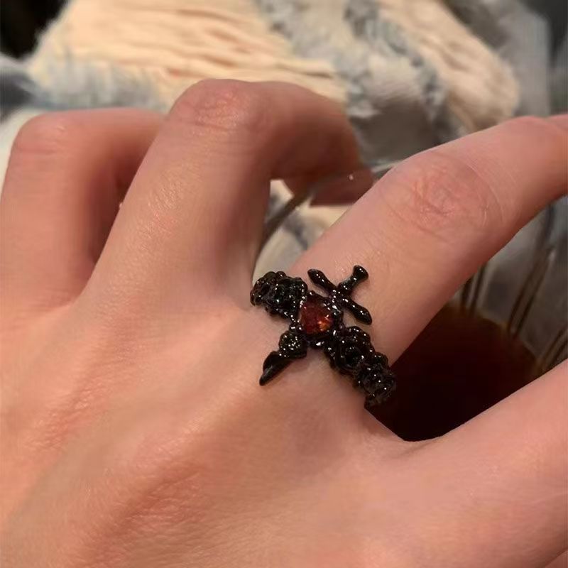 Wholesale Stylish Dark Cross Flower Open Ring For Women Alloy With Dark Purple Zircon Jewelry Accessory For Boutique Resale